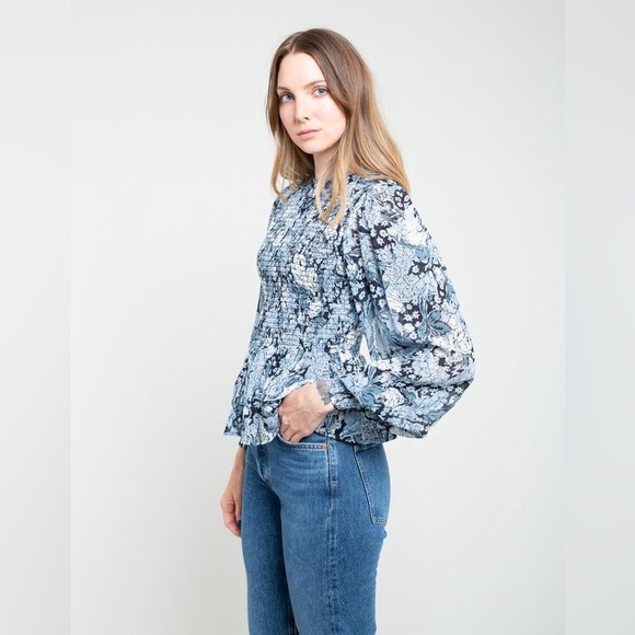Ganni Georgette Blue Floral Printed Smock Blouse Top Shirt - Picture 2 of 16